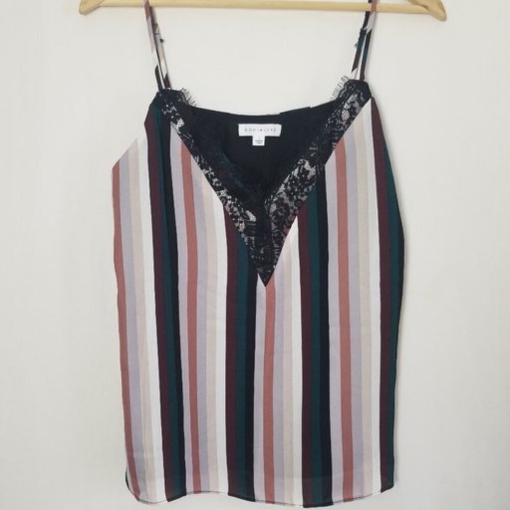 Socialite Striped tank spaghetti top with lace trim size Large (126)